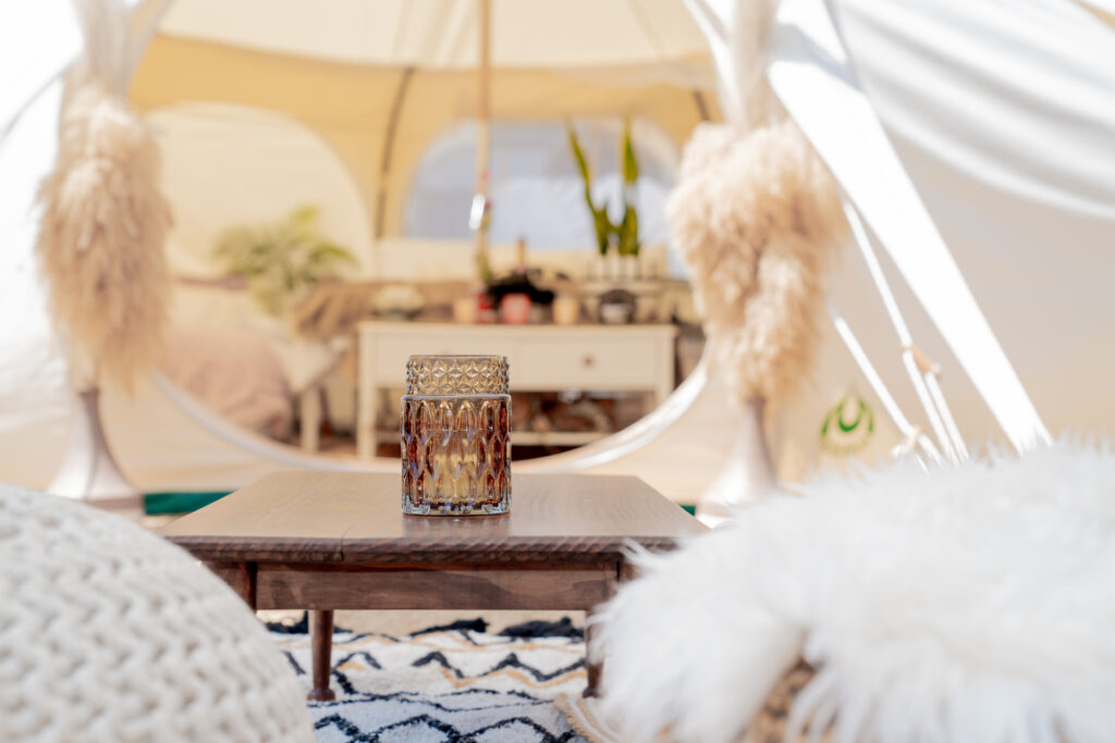 Selective focus on decoration in entrance of glamping tent and set up at Mount Maunganui